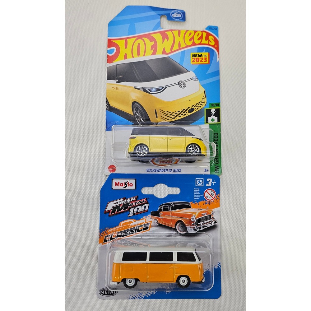Hot Wheels VW ID Buzz & Maisto Volkswagen Bus Diecast Van Set Yellow Orange 2pk
